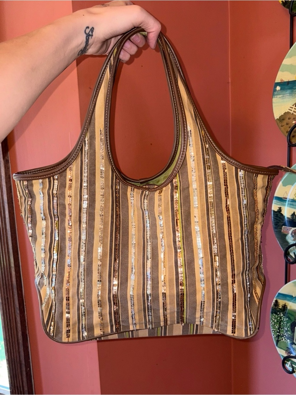 Striped Sequin Accent Striped Tote Bag